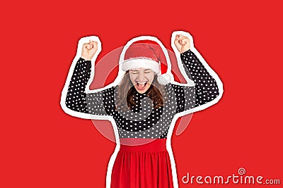 Girl raised her hands up from happiness and victory. Magazine collage style with trendy color background. holiday concept Stock Photo