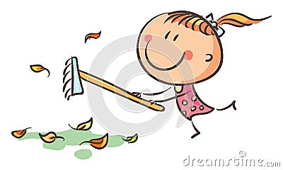 The girl rakes autumn leaves. Doodle cartoon happy kid clipart Vector Illustration