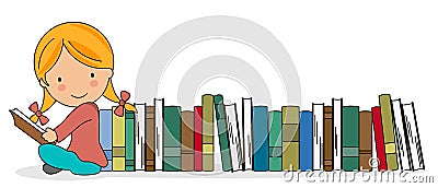 Girl reading with a batch of books Vector Illustration