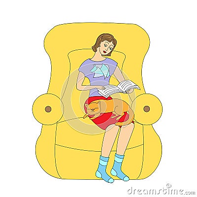 Girl reading a book in an armchair with her cat. Vector illustration Cartoon Illustration