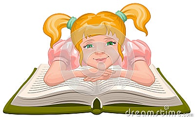 Girl reading book. Child sits in front of an open book Vector Illustration