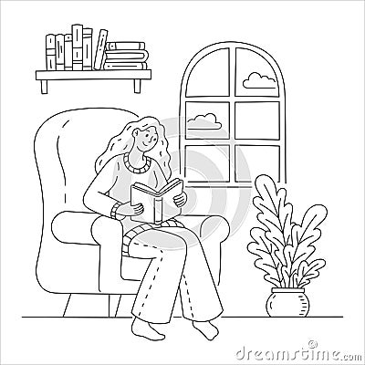 Girl reading book doodle illustration including young woman sitting in cozy armchair next to plants. Hand drawn cute Vector Illustration