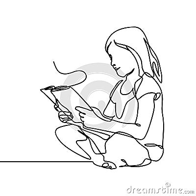 A girl reading a book one continuous line art drawing style. A kid sit in calm learning and studying. Vector Illustration