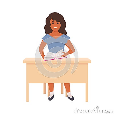 Girl reading book. Smart smiling child sitting on chair with books, happy clever student in classroom, education and Vector Illustration