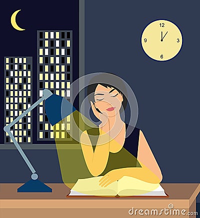 Girl reading a book under a table lamp on the table. against the backdrop of the city at night Vector Illustration