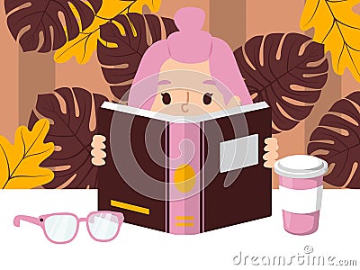 Girl reading book, vector illustration. Smart child alone holding large open book at table with glasses and cup of Vector Illustration