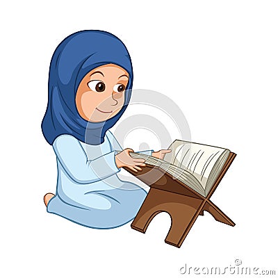 Girl Reading Quran The Holy Book Of Islam Vector Illustration