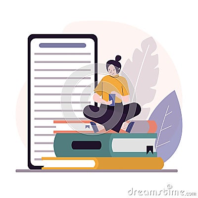 Girl reading textbook on smartphone. Ebook page on mobile phone screen. Student sitting on pile of books Vector Illustration