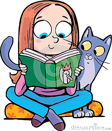 Girl reads a book with cat Vector Illustration