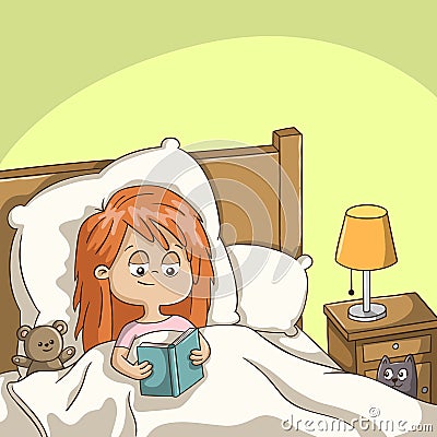 Girl Reads a Book, Cat is Looking Vector Illustration