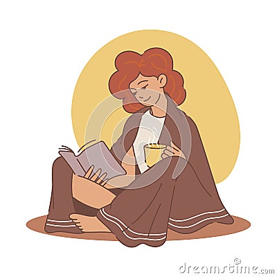 The girl reads a book and drinks a hot drink from a cup, a blanket is thrown over the top. Cozy woman vector Vector Illustration