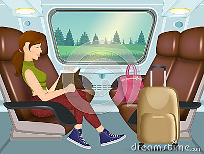 Girl reads book while traveling by train Stock Photo