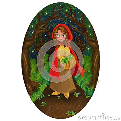 Girl in a red cap in the night forest Vector Illustration