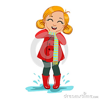 Girl In Red Coat And Rubber Boots, Kid In Autumn Clothes In Fall Season Enjoyingn Rain And Rainy Weather, Splashes And Vector Illustration