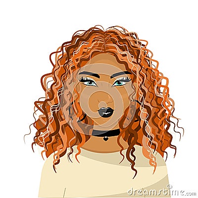 Girl with red curly hair Asian appearance, beauty from the east, beautiful young beauty, Avatar for a girl, vector Vector Illustration