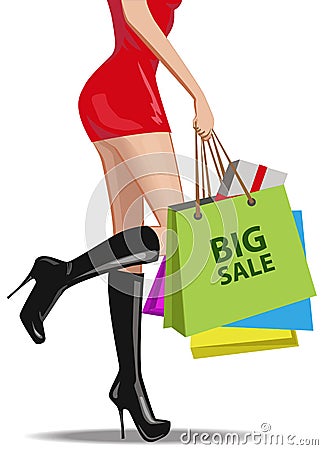 The girl in the red dress buys shopping on the Vector Illustration