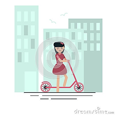 A girl in a red dress stands with a pink scooter Vector Illustration