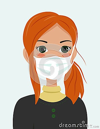 A girl with red hair with medical masks Vector Illustration