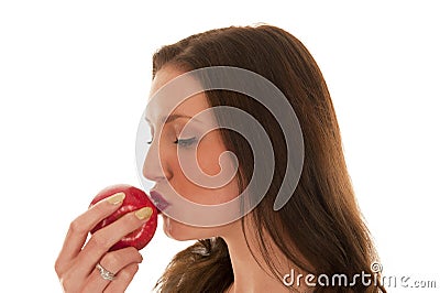 Girl red lips kissing apple Stock Photo