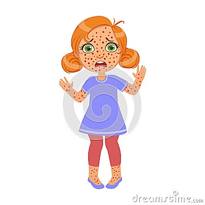 Girl With Red Pimples Rush,Sick Kid Feeling Unwell Because Of The Sickness, Part Of Children And Health Problems Series Vector Illustration