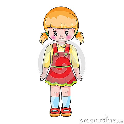 a girl in a red sundress stands at attention, cartoon illustration, isolated object on white color, vector illustration Vector Illustration