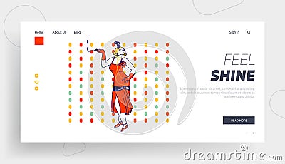 Girl in Red Vintage Costume Posing Landing Page Template. Female Character in Retro Dress Visiting Night Club Dancing Vector Illustration