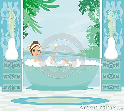 Girl relaxes in the bath in a tropical spa Vector Illustration