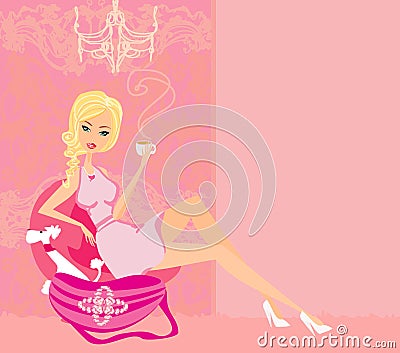 Girl relaxes in a chair drinking coffee Vector Illustration
