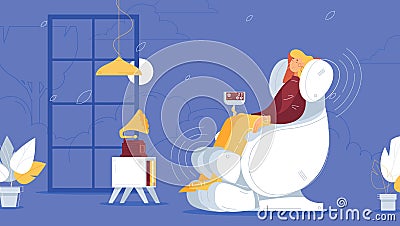 Girl relaxes in a professional massage chair listening to music. Flat concept illustration Cartoon Illustration