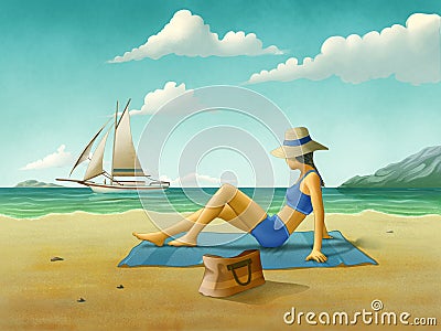 Girl relaxing at the beach Cartoon Illustration