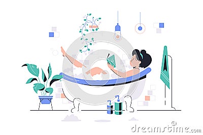 Girl relaxing in foam bath with book Cartoon Illustration