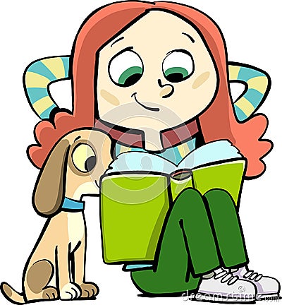 Girl is relaxing reading a book with a dog Stock Photo