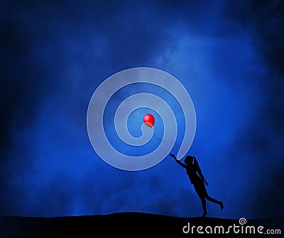 A girl releases a bright red ballon that floats in a dark blue stormy sky Cartoon Illustration
