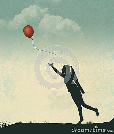 A girl releases a red helium balloon into a colorful sky Cartoon Illustration