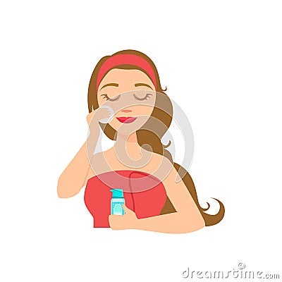 Girl Removing Make Up With Skincare Product And Cotton Round, Woman With Closed Eyes Doing Home Spa Procedure Vector Illustration