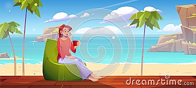 Girl rest on bungalow wooden porch on sea beach Cartoon Illustration