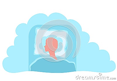 Girl rest and dream on cloud pillow in bed. Vector Illustration