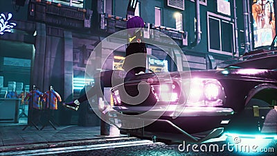 A girl is resting on the hood of her flying car in the middle of the night street of a neon cyber city. View of an Stock Photo