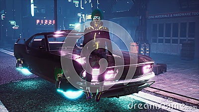 A girl is resting on the hood of her flying car in the middle of the night street of a neon cyber city. View of an Stock Photo