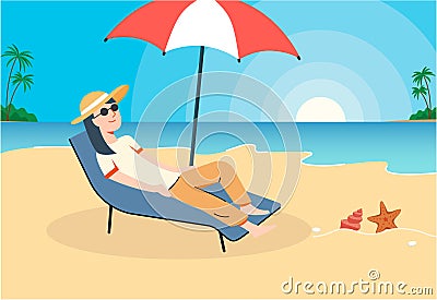 The girl rests at the beach. Art illustration Cartoon Illustration