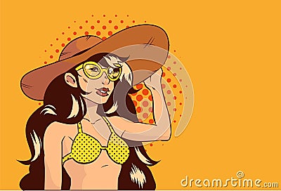 A girl rests on the beach pop art. Beautiful girl in bikini comic style. Stock Photo