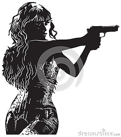 An Girl with the Revolver, Shooter - Hand drawn vector Vector Illustration