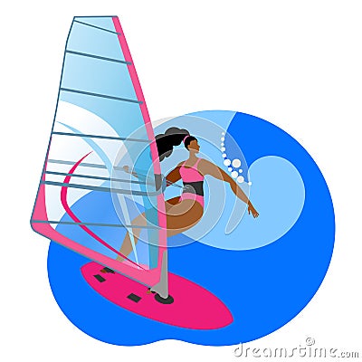 Girl ride a Board with a sail. Vector Illustration