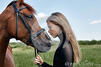 Girl rider stands next to the horse in the field. Fashion portrait of a woman and the mares are horses in the village in the grass Stock Photo