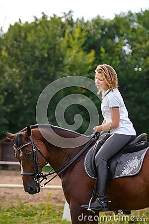 A girl rider trains riding a horse on a spring day Stock Photo