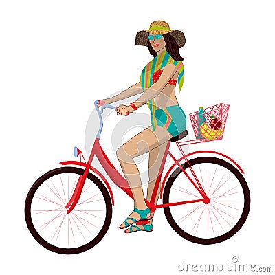 Girl rides a bicycle. Summer, beach, sea, rest. Healthy lifestyle. Sport. Isolated image on white background for your design Cartoon Illustration