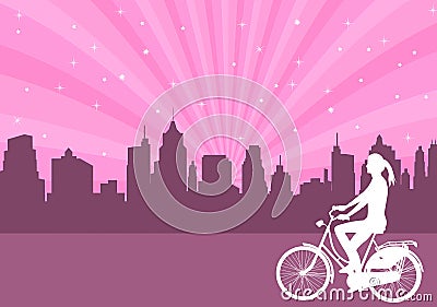 Girl riding bicycle on the abstract city background - vector Vector Illustration