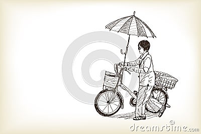 A girl riding bicycle to market and adapting umbrella on bicycl Vector Illustration