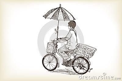 A girl riding bicycle to market and adapting umbrella on bicycl Vector Illustration