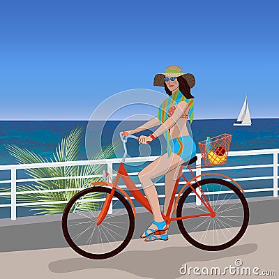 Girl riding a bike on a hot summer day. In the background are palm trees, the sea and a sailboat. Summer, vacation Vector Illustration